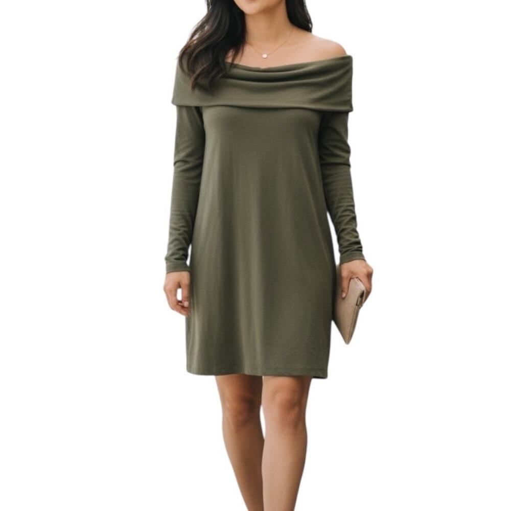Joan Vass Olive Cowl Neck Off Shoulder Sweater Dress Medium